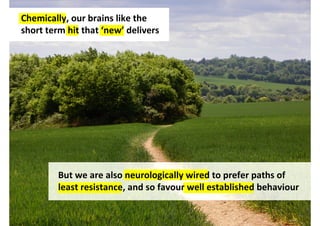 Chemically, our brains like the
short term hit that ‘new’ delivers




         But we are also neurologically wired to prefer paths of
         least resistance, and so favour well established behaviour


                                     http://www.flickr.com/photos/anemoneprojectors/5722272747/
 