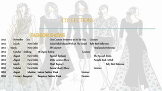 COLLECTIONS
2015 November Goa Goa Couture Swimwear at Sol de Goa Couture
2015 March New Delhi India Kids Fashion Week at The Grand Baby Beri Kids wear
2014 March New Delhi JW Marriott Spa launch Swimwear
2014 October Shillong 18 Degree festival Couture
2013 August New Delhi Spanish Embassy The Spanish Fiesta
2013 August New Delhi Delhi Couture Show Punjabi Rock 'n'Roll
2013 March New Delhi Hyatt Regency Baby Beri Kidswear
2012 October New Delhi Savera Charity Show Couture
2012 August Mumbai Lakme Fashion Week Couture
2012 February Bangalore Bangalore Fashion Week Couture
 