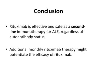 Conclusion
• Rituximab is effective and safe as a second-
line immunotherapy for ALE, regardless of
autoantibody status.
• Additional monthly rituximab therapy might
potentiate the efficacy of rituximab.
 