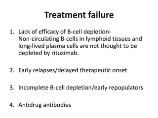 Treatment failure
1. Lack of efficacy of B-cell depletion-
Non-circulating B-cells in lymphoid tissues and
long-lived plasma cells are not thought to be
depleted by rituximab.
2. Early relapses/delayed therapeutic onset
3. Incomplete B-cell depletion/early repopulators
4. Antidrug antibodies
 