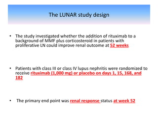 The LUNAR study design
• The study investigated whether the addition of rituximab to a
background of MMF plus corticosteroid in patients with
proliferative LN could improve renal outcome at 52 weeks
• Patients with class III or class IV lupus nephritis were randomized to
receive rituximab (1,000 mg) or placebo on days 1, 15, 168, and
182
• The primary end point was renal response status at week 52
 