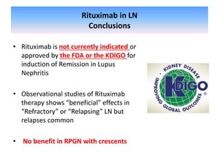 Rituximab in LN
Conclusions
• Rituximab is not currently indicated or
approved by the FDA or the KDIGO for
induction of Remission in Lupus
Nephritis
• Observational studies of Rituximab
therapy shows “beneficial” effects in
“Refractory” or “Relapsing” LN but
relapses common
• No benefit in RPGN with crescents
 