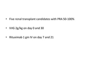 • Five renal transplant candidates with PRA 50-100%
• IVIG 2g/kg on day 0 and 30
• Rituximab 1 gm IV on day 7 and 21
 