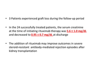 • 3 Patients experienced graft loss during the follow-up period
• In the 24 successfully treated patients, the serum creatinine
at the time of initiating rituximab therapy was 5.6 ± 1.0 mg/dL
and decreased to 0.95 ± 0.7 mg/dL at discharge
• The addition of rituximab may improve outcomes in severe
steroid-resistant antibody-mediated rejection episodes after
kidney transplantation
 