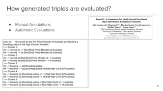 How generated triples are evaluated?
● Manual Annotations
● Automatic Evaluations
41
 