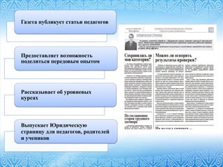 Газета публикует статьи педагогов
Предоставляет возможность
поделиться передовым опытом
Рассказывает об уровневых
курсах
Выпускает Юридическую
страницу для педагогов, родителей
и учеников
 