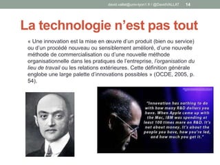 La technologie n’est pas tout
david.vallat@univ-lyon1.fr / @DavidVALLAT 14
« Une innovation est la mise en œuvre d’un produit (bien ou service)
ou d’un procédé nouveau ou sensiblement amélioré, d’une nouvelle
méthode de commercialisation ou d’une nouvelle méthode
organisationnelle dans les pratiques de l’entreprise, l’organisation du
lieu de travail ou les relations extérieures. Cette définition générale
englobe une large palette d’innovations possibles » (OCDE, 2005, p.
54).
 
