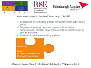 Research, Impact, Value & LIS - #lisrival - Edinburgh – 7th November 2019
Also in response to feedback from July 11th 2019...