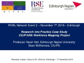 Research, Impact, Value & LIS - #lisrival - Edinburgh – 7th November 2019
Practitioner research: value, impact, and priorities
Professor Hazel Hall
Edinburgh Napier University
RIVAL Network Event 2 – November 7th 2019 – Edinburgh
Research into Practice Case Study
CILIP/ARA Workforce Mapping Project
Professor Hazel Hall, Edinburgh Napier University
Sean McNamara, CILIPS
 