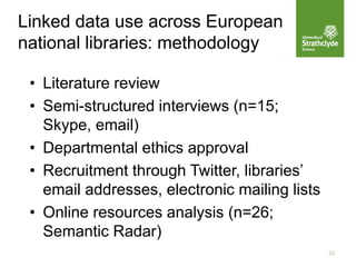 10
Linked data use across European
national libraries: methodology
• Literature review
• Semi-structured interviews (n=15;
Skype, email)
• Departmental ethics approval
• Recruitment through Twitter, libraries’
email addresses, electronic mailing lists
• Online resources analysis (n=26;
Semantic Radar)
 