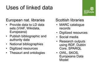 Uses of linked data
European nat. libraries
• Provide data to LD data
sets (VIAF, Wikidata,
Europeana)
• Publish bibliographic and
authority data
• National bibliographies
• Digitized resources
• Thesauri and ontologies
Scottish libraries
• MARC catalogue
records
• Digitized resources
• Social media
• Research outputs
using RDF, Dublin
Core, SPARQL
• OWL, SKOS,
Europeana Data
Model
 