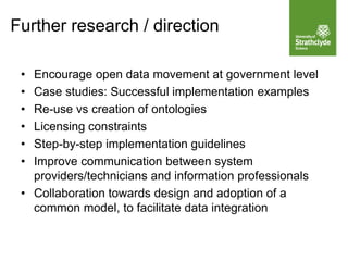 • Encourage open data movement at government level
• Case studies: Successful implementation examples
• Re-use vs creation of ontologies
• Licensing constraints
• Step-by-step implementation guidelines
• Improve communication between system
providers/technicians and information professionals
• Collaboration towards design and adoption of a
common model, to facilitate data integration
Further research / direction
 