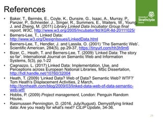 References
• Baker, T., Bermès, E., Coyle, K., Dunsire, G., Isaac, A., Murray, P.,
Panzer, P., Schneider, J., Singer, R., Summers, E., Waiters, W., Young,
J. and Zheng, M. (2011) Library Linked Data Incubator Group final
report, W3C, http://www.w3.org/2005/Incubator/lld/XGR-lld-20111025/
• Berners-Lee, T., Linked Data:
http://www.w3.org/DesignIssues/LinkedData.html
• Berners-Lee, T., Hendler, J. and Lassila, O. (2001) ‘The Semantic Web’.
Scientific American, 284(5), pp.29-37, https://tinyurl.com/hh3h9m6
• Bizer, C., Heath, T. and Berners-Lee, T. (2009) ‘Linked Data: The story
so far’. International Journal on Semantic Web and Information
Systems, 5(3), pp.1-22
• Cagnazzo, L. (2017) Linked Data: Implementation, Use, and
Perceptions across European National Libraries, MSc Dissertation,
http://hdl.handle.net/10760/32004
• Heath, T. (2009) ‘Linked Data? Web of Data? Semantic Web? WTF?’
Tom Heath’s Displacement Activities, 2 March,
http://tomheath.com/blog/2009/03/linked-data-web-of-data-semantic-
web-wtf/
• Hobbs, P. (2009) Project management, London: Penguin Random
House.
• Rasmussen Pennington, D. (2016, July/August). Demystifying linked
data: Are you ready for what's next? CILIP Update, 34-36.
29
 