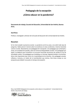 Pedagogía de la excepción ¿Cómo educar en la pandemia?. Axel Rivas | PDF