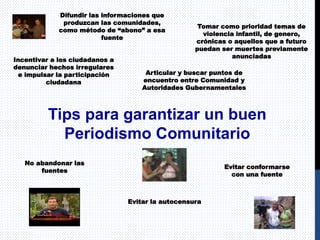 Tips para garantizar un buen
Periodismo Comunitario
Incentivar a los ciudadanos a
denunciar hechos irregulares
e impulsar la participación
ciudadana
Difundir las informaciones que
produzcan las comunidades,
como método de “abono” a esa
fuente
Articular y buscar puntos de
encuentro entre Comunidad y
Autoridades Gubernamentales
Tomar como prioridad temas de
violencia infantil, de genero,
crónicas o aquellos que a futuro
puedan ser muertes previamente
anunciadas
No abandonar las
fuentes
Evitar la autocensura
Evitar conformarse
con una fuente
 