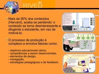 Mais de 90% dos conteúdos (Harvard), acaba se perdendo: o conteúdo se torna desinteressante e afugenta o estudante, em vez de motivá-lo;  O processo de produção é complexo e envolve fatores como: - objetivos educacionais claros,  - competências a serem desenvolvidas,  - elementos de design,  - navegação,  - estratégias pedagógicas e de feedback.   