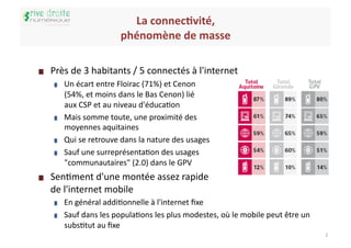 La	
  connec5vité, 	
  
                                    phénomène	
  de	
  masse  	
  

    Près	
  de	
  3	
  habitants	
  /	
  5	
  connectés	
  à	
  l'internet	
  
           Un	
  écart	
  entre	
  Floirac	
  (71%)	
  et	
  Cenon	
  
           (54%,	
  et	
  moins	
  dans	
  le	
  Bas	
  Cenon)	
  lié	
  
           aux	
  CSP	
  et	
  au	
  niveau	
  d'éducaIon	
  
           Mais	
  somme	
  toute,	
  une	
  proximité	
  des	
  
           moyennes	
  aquitaines	
  
           Qui	
  se	
  retrouve	
  dans	
  la	
  nature	
  des	
  usages	
  
           Sauf	
  une	
  surreprésentaIon	
  des	
  usages	
  
           "communautaires"	
  (2.0)	
  dans	
  le	
  GPV	
  
    SenIment	
  d'une	
  montée	
  assez	
  rapide	
  
    de	
  l'internet	
  mobile	
  
           En	
  général	
  addiIonnelle	
  à	
  l'internet	
  ﬁxe	
  
           Sauf	
  dans	
  les	
  populaIons	
  les	
  plus	
  modestes,	
  où	
  le	
  mobile	
  peut	
  être	
  un	
  
           subsItut	
  au	
  ﬁxe	
  
                                                                                                                           2	
  
 