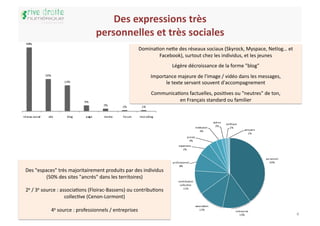 Des	
  expressions	
  très   	
  
                                              personnelles	
  et	
  très	
  sociales	
  
                                                                          DominaIon	
  ne^e	
  des	
  réseaux	
  sociaux	
  (Skyrock,	
  Myspace,	
  Netlog…	
  et	
  
                                                                                 Facebook),	
  surtout	
  chez	
  les	
  individus,	
  et	
  les	
  jeunes	
  
                                                                                               Légère	
  décroissance	
  de	
  la	
  forme	
  "blog"	
  
                                                                                  Importance	
  majeure	
  de	
  l'image	
  /	
  vidéo	
  dans	
  les	
  messages,	
  
                                                                                        le	
  texte	
  servant	
  souvent	
  d'accompagnement	
  
                                                                                  CommunicaIons	
  factuelles,	
  posiIves	
  ou	
  "neutres"	
  de	
  ton,	
  
                                                                                            en	
  Français	
  standard	
  ou	
  familier	
  




Des	
  "espaces"	
  très	
  majoritairement	
  produits	
  par	
  des	
  individus	
  
            (50%	
  des	
  sites	
  "ancrés"	
  dans	
  les	
  territoires)	
  

2e	
  /	
  3e	
  source	
  :	
  associaIons	
  (Floirac-­‐Bassens)	
  ou	
  contribuIons	
  
                                  collecIve	
  (Cenon-­‐Lormont)	
  

                4e	
  source	
  :	
  professionnels	
  /	
  entreprises	
  
                                                                                                                                                                         4	
  
 
