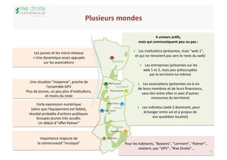 Plusieurs	
  mondes
                                                                         	
  

                                                                                                  4	
  univers	
  ac5fs,	
  
                                                                                 mais	
  qui	
  communiquent	
  peu	
  ou	
  pas	
  :	
  

                                                                            ❚    Les	
  insItuIons	
  (présentes,	
  mais	
  "web	
  1",	
  
       Les	
  jeunes	
  et	
  les	
  micro-­‐réseaux	
  
                                                                              et	
  qui	
  ne	
  renvoient	
  pas	
  vers	
  le	
  reste	
  du	
  web)	
  
      +	
  Une	
  dynamique	
  assez	
  appuyée	
  
                  sur	
  les	
  associaIons	
  
                                                                                  ❚     Les	
  entreprises	
  (présentes	
  sur	
  les	
  
                                                                                       web	
  1	
  et	
  2,	
  mais	
  peu	
  préoccupées	
  
                                                                                           par	
  le	
  territoire	
  lui-­‐même)	
  
  Une	
  situaIon	
  "moyenne",	
  proche	
  de	
                                ❚     Les	
  associaIons	
  (présentes	
  vis-­‐à-­‐vis	
  
                   l'ensemble	
  GPV	
                                           de	
  leurs	
  membres	
  et	
  de	
  leurs	
  ﬁnanceurs,	
  
Plus	
  de	
  jeunes,	
  un	
  peu	
  plus	
  d'insItuIons,	
                      sans	
  lien	
  entre	
  elles	
  ni	
  avec	
  d'autres	
  
                  et	
  moins	
  du	
  reste	
                                                 ressources	
  du	
  territoire)	
  
        Forte	
  expression	
  numérique	
  
    (alors	
  que	
  l'équipement	
  est	
  faible),	
                           ❚    Les	
  individus	
  (web	
  2	
  dominant,	
  pour	
  	
  
  résultat	
  probable	
  d'acIons	
  publiques.	
                                     échanger	
  entre	
  soi	
  et	
  à	
  propos	
  de	
  
        Groupes	
  jeunes	
  très	
  soudés.	
                                                  son	
  quoIdien	
  localisé)	
  
         Un	
  début	
  d'"eﬀet	
  Palmer"	
  


            Importance	
  majeure	
  de	
  
          la	
  communauté	
  "musique"	
                             Pour	
  les	
  habitants,	
  "Bassens",	
  "Lormont",	
  "Palmer"…	
  
                                                                                     existent,	
  pas	
  "GPV",	
  "Rive	
  Droite"…	
  
                                                                                                                                                             6	
  
 