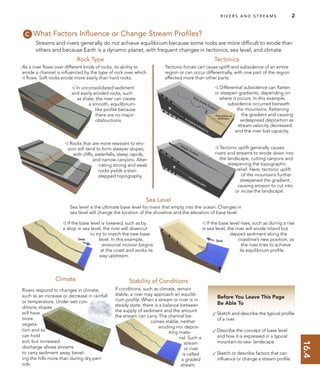 16.4
R I V E R S A N D S T R E A M S 2
Before You Leave This Page
Be Able To
✓Sketch and describe the typical proﬁle
of a river.
✓Describe the concept of base level
and how it is expressed in a typical
mountain-to-sea- landscape.
✓Sketch or describe factors that can
inﬂuence or change a stream proﬁle.
Streams and rivers generally do not achieve equilibrium because some rocks are more difﬁcult to erode than
others and because Earth is a dynamic planet, with frequent changes in tectonics, sea level, and climate.
Sea level is the ultimate base level for rivers that empty into the ocean. Changes in
sea level will change the location of the shoreline and the elevation of base level.
What Factors Inﬂuence or Change Stream Proﬁles?
 In unconsolidated sediment
and easily eroded rocks, such
as shale, the river can create
a smooth, equilibrium-
like proﬁle because
there are no major
obstructions.
Rock Type Tectonics
Sea Level
Climate
 Rocks that are more resistant to ero-
sion will tend to form steeper slopes,
with cliffs, waterfalls, steep rapids,
and narrow canyons. Alter-
nating strong and weak
rocks yields a stair-
stepped topography.
 Tectonic uplift generally causes
rivers and streams to erode down into
the landscape, cutting canyons and
steepening the topographic
relief. Here, tectonic uplift
of the mountains further
steepened the gradient,
causing erosion to cut into
or incise the landscape.
As a river ﬂows over different kinds of rocks, its ability to
erode a channel is inﬂuenced by the type of rock over which
it ﬂows. Soft rocks erode more easily than hard rocks.
Tectonic forces can cause uplift and subsidence of an entire
region or can occur differentially, with one part of the region
affected more than other parts.
 Differential subsidence can ﬂatten
or steepen gradients, depending on
where it occurs. In this example,
subsidence occurred beneath
the mountains, ﬂattening
the gradient and causing
widespread deposition as
stream velocity decreased
and the river lost capacity.
If conditions, such as climate, remain
stable, a river may approach an equilib-
rium proﬁle. When a stream or river is in
steady state, there is a balance between
the supply of sediment and the amount
the stream can carry. The channel be-
comes stable, neither
eroding nor depos-
iting mate-
rial. Such a
stream
or river
is called
a graded
stream.
Rivers respond to changes in climate,
such as an increase or decrease in rainfall
or temperature. Under wet con-
ditions, slopes
will have
more
vegeta-
tion and so
can hold
soil, but increased
discharge allows streams
to carry sediment away, bevel-
ing the hills more than during dry peri-
ods.
Stability of Conditions
 If the base level rises, such as during a rise
in sea level, the river will erode inland but
deposit sediment along the
coastline’s new position, as
the river tries to achieve
its equilibrium proﬁle.
 If the base level is lowered, such as by
a drop in sea level, the river will downcut
to try to match the new base
level. In this example,
erosional incision begins
at the coast and works its
way upstream.
 