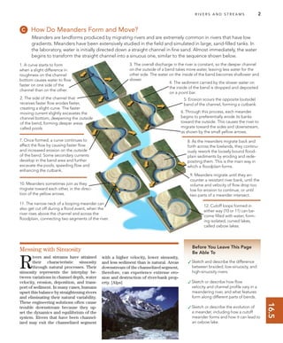 16.5
R I V E R S A N D S T R E A M S 2
Before You Leave This Page
Be Able To
✓Sketch and describe the difference
between braided, low-sinuosity, and
high-sinuosity rivers.
✓Sketch or describe how ﬂow
velocity and channel proﬁle vary in a
meandering river, and what features
form along different parts of bends.
✓Sketch or describe the evolution of
a meander, including how a cutoff
meander forms and how it can lead to
an oxbow lake.
How Do Meanders Form and Move?
Meanders are landforms produced by migrating rivers and are extremely common in rivers that have low
gradients. Meanders have been extensively studied in the ﬁeld and simulated in large, sand-ﬁlled tanks. In
the laboratory, water is initially directed down a straight channel in ﬁne sand. Almost immediately, the water
begins to transform the straight channel into a sinuous one, similar to the sequence shown below.
8. As the meanders migrate back and
forth across the lowlands, they continu-
ously rework the loosely bound ﬂood-
plain sediments by eroding and rede-
positing them. This is the main way in
which a ﬂoodplain forms.
1. A curve starts to form
when a slight difference in
roughness on the channel
bottom causes water to ﬂow
faster on one side of the
channel than on the other.
3. The overall discharge in the river is constant, so the deeper channel
on the outside of a bend takes more water, leaving less water for the
other side. The water on the inside of the bend becomes shallower and
slower.
7. Once formed, a curve continues to
affect the ﬂow by causing faster ﬂow
and increased erosion on the outside
of the bend. Some secondary currents
develop in the bend area and further
excavate the pools, speeding ﬂow and
enhancing the cutbank.
2. The side of the channel that
receives faster ﬂow erodes faster,
creating a slight curve. The faster
moving current slightly excavates the
channel bottom, deepening the outside
of the bend, forming deeper areas
called pools.
5. Erosion scours the opposite (outside)
band of the channel, forming a cutbank.
6. Through this process, each meander
begins to preferentially erode its banks
toward the outside. This causes the river to
migrate toward the sides and downstream,
as shown by the small yellow arrows.
R
ivers and streams have attained
their characteristic sinuosity
through natural processes. Their
sinuosity represents the interplay be-
tween variations in channel depth, water
velocity, erosion, deposition, and trans-
port of sediment. In many cases, humans
upset this balance by straightening rivers
and eliminating their natural variability.
These engineering solutions often cause
trouble downstream because they up-
set the dynamics and equilibrium of the
system. Rivers that have been channel-
ized may exit the channelized segment
with a higher velocity, lower sinuosity,
and less sediment than is natural. Areas
downstream of the channelized segment,
therefore, can experience extreme ero-
sion and destruction of river-bank prop-
erty. [Alps]
Messing with Sinuosity
9. Meanders migrate until they en-
counter a resistant river bank, until the
volume and velocity of ﬂow drop too
low for erosion to continue, or until
two parts of a meander intersect.
12. Cutoff loops formed in
either way (10 or 11) can be-
come ﬁlled with water, form-
ing isolated, curved lakes,
called oxbow lakes.
10. Meanders sometimes join as they
migrate toward each other, in the direc-
tion of the yellow arrows.
4. The sediment carried by the slower water on
the inside of the bend is dropped and deposited
on a point bar.
11. The narrow neck of a looping meander can
also get cut off during a ﬂood event, when the
river rises above the channel and across the
ﬂoodplain, connecting two segments of the river.
 