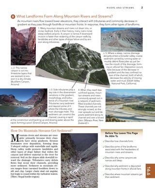 16.6
R I V E R S A N D S T R E A M S 2
Before You Leave This Page
Be Able To
✓Describe how channels form.
✓Describe some of the landforms
associated with the headwaters of
mountain rivers and streams.
✓Describe why some canyons are
narrow and deep.
✓Describe why sediment is deposited
along mountain fronts in alluvial fans.
✓Describe where mountain streams get
their sediment.
What Landforms Form Along Mountain Rivers and Streams?
As mountain rivers ﬂow toward lower elevations, they interact with tributaries and commonly decrease in
gradient as they pass through foothills or mountain fronts. In response, they form other types of landforms.
M
ountain rivers and streams are ener-
getic primarily because their chan-
nels have steep gradients. Erosion
dominates over deposition, forming deep
V-shaped valleys with waterfalls and rapids.
Steep valley walls promote landslides and
other types of slope failure that widen the
canyon and deliver material to the river for
removal. Soil on the slopes slide downhill to-
ward the drainage. Tributaries carry debris
ﬂows that scour their channels, providing
more sediment. Sediment in mountain riv-
ers ranges from car-sized boulders down to
silt and clay. Larger clasts start out angular,
but begin to round within the turbulent waters.
[Tibet–Nepal border region]
1. Many mountain streams and rivers cut down into, or
incise, bedrock. Early in their history, many rivers incise
steep-walled canyons. A canyon is narrow if downward
incision is faster than widening of the canyon walls by
landslides and other types of slope failure and by ero-
sion along tributaries.
How Do Mountain Streams Get Sediment?
 5. Where a steep, narrow drainage
abruptly enters a broader valley, coarse
sediment carried by running water or
muddy debris ﬂows piles up just be-
low the mouth of the drainage, form-
ing an alluvial fan. Deposition occurs
here because of the decrease in
gradient and the less conﬁned na-
ture of the channel, both of which
decrease the velocity of moving
water and mud. [Death Valley
National Park, California]
4. When they reach less
conﬁned spaces, moun-
tain streams and rivers
commonly spread out in
a network of sediment-
ﬁlled braided channels.
These channels are not
strongly incised, so the
river spreads out and de-
posits sediment along its
channel and over a broad
plain. [Waiapu River, New
Zealand] 
 2. This narrow
canyon is cut into
limestone layers that
are resistant to ero-
sion in a dry climate.
[Buckfarm Canyon,
Arizona]
 3. Side tributaries play a
key role in the downstream
variations in the gradient,
morphology, and turbu-
lence of a mountain river.
Tributaries carry sediment
and deposit some of it
where the tributary and
main drainage meet. This
sediment can constrict the
channel, causing a rapid
at the constriction and backing up and slowing water above the
rapid, forming a pool. [Grand Canyon, Arizona]
 