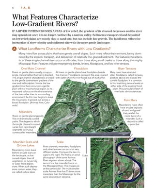 What Features Characterize
Low-Gradient Rivers?
1 1 6 . 8
IF A RIVER SYSTEM CROSSES AREAS of low relief, the gradient of its channel decreases and the river
may spread out once it is no longer conﬁned by a narrow valley. Sediments transported and deposited
on low-relief plains are mostly clay to sand size, but can include ﬁne gravels. The landforms reﬂect the
interaction of river velocity and sediment size with the more gentle landscape.
What Landforms Characterize Rivers with Low Gradients?
Many rivers ﬂow across plains that have gentle overall slopes. Such rivers reﬂect their environs, being domi-
nated by the erosion, transport, and deposition of relatively ﬁne-grained sediment. The features characteris-
tic of these single-channel rivers occur at all scales, from those along small creeks to those along the mighty
Mississippi River. Features include meandering bends, levees, ﬂoodplains, and low river terraces.
Floodplain
All rivers on gentle plains have ﬂoodplains beside
the channel. Floodplains represent the area covered
with water when the river ﬂoods out of its channel.
River Terraces
Many rivers have stranded
older ﬂoodplains, called terraces,
perched above and outside the
current ﬂoodplain. It is common
to ﬁnd matching terrace levels on
either side of the existing ﬂood-
plain. This particular stretch of
river lacks obvious terraces.
Meanders
Rivers on gentle plains typically
ﬂow in dramatically curved
paths. The degree to which
the single channel is curved
varies from rare straight
segments to sinuous
curves called meanders.
Point Bars
Meander Scars and
Oxbow Lakes
Meandering rivers often
have arcuate deposits
of sand and gravel
that parallel the
inside bend of a
meander. Such a
deposit is called
a point bar.
One Main Channel
Rivers on gentle plains usually occupy a
single channel rather than being braided.
This single-channel characteristic is linked
to the gentle downstream gradient of the
river and its ﬂoodplain. Notice the low
gradient river here occurs on a gentle
plain within a mountainous region, so its
important to focus on the characteristics
of the river rather than its surrounding
environment. As this river begins to leave
the mountains, it spreads out across a
broad ﬂoodplain. [Animas River, Colo-
rado]
Scale
River channels, meanders, ﬂoodplains
and other features can occur at very
different scales. Compare the two im-
ages to the right. The ﬁrst is an aerial
photograph of the same Animas
River segment shown above. The
second is a few meander loops on
the Mississippi River. The images are
at the same scale! The much smaller
scale Animas River has 15 times more
meanders than the Mississippi for the
same downstream distance.
Animas River
Mississippi
River
15 km
Meandering rivers leave
behind arcuate scars on
the landscape, as low
curved ridges, lines of
vegetation, or curved dry
or water-ﬁlled depres-
sions. When such depres-
sions contain water, they
are called oxbow lakes.
FloodplainAnimas River
Meanders
Oxbow
Lakes
 