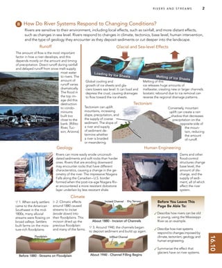 16.10
Loading by Ice Sheets Melting of Ice Sheets
Before You Leave This
Page Be Able To:
✓Describe how rivers can be old
or young, using the Mississippi
River as an example.
✓Describe how river systems
respond to changes imposed by
climate, tectonism, geology, and
human engineering.
✓Summarize the effect that
glaciers have on river systems.
How Do River Systems Respond to Changing Conditions?
Rivers are sensitive to their environment, including local effects, such as rainfall, and more distant effects,
such as changes in sea level. Rivers respond to changes in climate, tectonics, base level, human intervention,
and the type of geology they encounter as they deposit sediments or cut deeper into the landscape.
Runoff
The amount of ﬂow is the most important
factor in how a river develops, and this
depends mostly on the amount and timing
of precipitation. Direct runoff during rainfall
and delayed runoff from snow melt supply
most water
to rivers. The
amount of
runoff varies
dramatically.
The ﬂood in
the top im-
age did this
destruction
to condo-
miniums
built too
close to the
bank. [Rillito
River, Tuc-
son, Arizona]
Tectonism
Tectonism can uplift
mountains, increasing
slope, precipitation, and
the supply of coarse
sediment. The slope of
a river and supply
of sediment de-
termine whether
a river is braided
or meandering.
Human Engineering
Dams and other
ﬂood-control
structures change
base level, the
amount of dis-
charge, and the
supply of sedi-
ment, all of which
affect the river
system.
Geology
Rivers can more easily erode unconsoli-
dated sediments and soft rocks than harder
ones. Rivers that are eroding downward
may encounter rocks that have different
characteristics, causing a change in the ge-
ometry of the river. The impressive Niagara
Falls along the Canadian–U.S. border
formed when the post-ice-age Niagara Riv-
er encountered a more resistant dolostone
layer underlain by less resistant shale.
Global cooling and
growth of ice sheets and gla-
ciers lowers sea level. It can load and
depress the crust, causing drainages
to ﬂow toward the ice sheets.
Conversely, mountain
uplift can create a rain
shadow that decreases
precipitation on the
opposite side of
the moun-
tain, reducing
the amount
of runoff.
Melting of this
ice releases huge amounts of
meltwater, creating new or larger channels.
Isostatic rebound due to ice removal can
reverse the regional drainage patterns.
R I V E R S A N D S T R E A M S 2
Glacial and Sea-level Effects
 1. When early settlers
came to the American
Southwest in the mid-
1800s, many alluvial
streams were ﬂowing on
broad valleys. Settlers
built farms on the mois-
ture-rich ﬂoodplains.
Climate
 3. Around 1940, the channels began
to deposit sediment and build up again.
 2. Climatic effects
around 1880 caused
streams to incise
(erode down) into
their ﬂoodplains. This
incision dried up the
previous ﬂoodplain
and many of the farms.
 