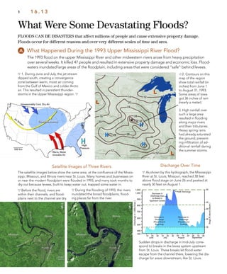 Thunderstorms
What Were Some Devastating Floods?
1 1 6 . 1 3
What Happened During the 1993 Upper Mississippi River Flood?
FLOODS CAN BE DISASTERS that affect millions of people and cause extensive property damage.
Floods occur for different reasons and over very different scales of time and area.
 As shown by this hydrograph, the Mississippi
River at St. Louis, Missouri, reached 30 feet
above ﬂood stage on June 26 and peaked at
nearly 50 feet on August 1.
 1. During June and July, the jet stream
dipped south, creating a convergence
zone between warm, moist air coming
from the Gulf of Mexico and colder Arctic
air. This resulted in persistent thunder-
storms in the Upper Mississippi region. 
The satellite images below show the same area, at the conﬂuence of the Missis-
sippi, Missouri, and Illinois rivers near St. Louis. Many homes and businesses on
or near the modern ﬂoodplain were ﬂooded in 1993, and many took months to
dry out because levees, built to keep water out, trapped some water in.
 Before the ﬂood, rivers are
within their channels, and ﬂood-
plains next to the channel are dry.
 During the ﬂooding of 1993, the rivers
inundated the broad ﬂoodplains, ﬂood-
ing places far from the river.
Satellite Images of Three Rivers Discharge Over Time
The 1993 ﬂood on the upper Mississippi River and other midwestern rivers arose from heavy precipitation
over several weeks. It killed 47 people and resulted in extensive property damage and economic loss. Flood-
waters inundated large areas of the ﬂoodplain, including areas that were considered “safe” behind levees.
 2. Contours on this
map of the region
show total rainfall (in
inches) from June 1
to August 31, 1993.
Some areas of Iowa
got 36 inches of rain
(nearly a meter).
3. High rainfall over
such a large area
resulted in ﬂooding
along major rivers
and their tributaries.
Heavy spring rains
had already saturated
the ground, prevent-
ing inﬁltration of ad-
ditional rainfall during
the summer storms.
Sudden drops in discharge in mid-July corre-
spond to breaks in the levee system upstream
from St. Louis. These breaks let ﬂood water
escape from the channel there, lowering the dis-
charge for areas downstream, like St. Louis.
 