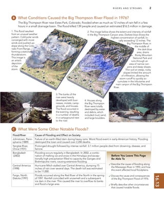 16.13
Thunderstorm
Rainfall Amounts
R I V E R S A N D S T R E A M S 2
Before You Leave This Page
Be Able To
✓Describe the cause of ﬂooding along
the Mississippi River in 1993, and how
this event affected local ﬂoodplains.
✓Discuss the cause and consequences
of the Big Thompson Flood of 1976.
✓Brieﬂy describe other circumstances
that caused notable ﬂoods.
What Were Some Other Notable Floods?
1. This ﬂood resulted
from an unusual weather
pattern. Cold polar winds
converged with moist
winds and pushed up-
slope along the Colo-
rado Front Range,
forming a stationary
thunderstorm.
This image is
an artist’s
depiction
of the
storm.
Bangladesh
(2002)
Flooding occurs regularly in Bangladesh. In 2002, a combi-
nation of melting ice and snow in the Himalaya and excep-
tionally high precipitation ﬁlled to capacity the Ganges and
Brahmaputra rivers, causing extensive ﬂooding.
Central America
(1998)
Hurricane Mitch stalled over Central America, dumping 75
inches of rain over several days. The death toll was estimated
to be 11,000.
Fargo, North
Dakota (1997)
Floods occurred along the Red River of the North in the spring
of 1997. Rainfall coincided with snowmelt and a subsequent
ice dam in the river. This caused the river to overﬂow its banks
and ﬂood a large area.
The Big Thompson River near Estes Park, Colorado, ﬂooded when as much as 12 inches of rain fell in a few
hours in a small drainage basin. The ﬂood killed 139 people and caused an estimated $16.5 million in damage.
4. Houses along
the Big Thompson
River were totally
destroyed by water
and debris, which
included mud, sand,
and large boulders.
2. The image below shows the extent and intensity of rainfall
in the Big Thompson Canyon area. Darkest blue shows the
highest concentration of rainfall, lo-
cally exceeding 12 inches. The
Big Thompson River, in
the middle of
the dark blue
area, drains
Rocky Mountain
National Park and
runs through an
area of narrow can-
yons and steep slopes.
Thin soil on steep, rocky
slopes limited the amount
of inﬁltration, allowing the
storm runoff to quickly ac-
cumulate in the tributaries and
main canyon of the Big Thompson
River.
3. The banks of the
river were heavily
developed with busi-
nesses, motels, camp-
grounds, and houses.
The ﬂood occurred in
the evening, resulting
in a number of deaths
in a campground next
to the river.
Flood/River Cause of Flooding and Effect on Society
Johnstown, Penn-
sylvania (1889)
Failure of an earth-ﬁlled dam during heavy rains. Worst ﬂood event in early-American history. Flooding
destroyed the town and caused over 2,200 deaths.
Yangtze River,
China (1931)
Prolonged drought followed by intense rainfall. 3.7 million people died from drowning, disease, and
famine.
What Conditions Caused the Big Thompson River Flood in 1976?
 