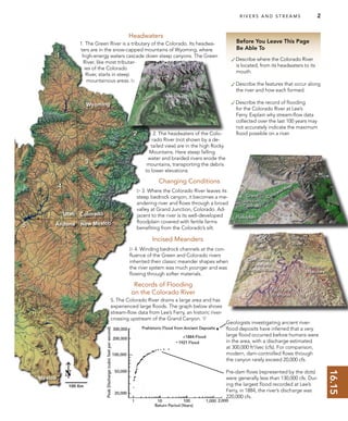 16.15
1
2
3
4
5
Floodplain
Colorado River
Green River
Entrenched
Meanders
Conﬂuence of
Green and
Colorado Rivers
Faults and
FracturesColorado
River
Green
River
Colorado
River
Grand
Junction,
Colorado
Before You Leave This Page
Be Able To
✓Describe where the Colorado River
is located, from its headwaters to its
mouth.
✓Describe the features that occur along
the river and how each formed.
✓Describe the record of ﬂooding
for the Colorado River at Lee’s
Ferry. Explain why stream-ﬂow data
collected over the last 100 years may
not accurately indicate the maximum
ﬂood possible on a river.2. The headwaters of the Colo-
rado River (not shown by a de-
tailed view) are in the high Rocky
Mountains. Here steep falling
water and braided rivers erode the
mountains, transporting the debris
to lower elevations.
R I V E R S A N D S T R E A M S 2
Headwaters
1. The Green River is a tributary of the Colorado. Its headwa-
ters are in the snow-capped mountains of Wyoming, where
high-energy waters cascade down steep canyons. The Green
River, like most tributar-
ies of the Colorado
River, starts in steep
mountainous areas. 
Changing Conditions
 3. Where the Colorado River leaves its
steep bedrock canyon, it becomes a me-
andering river and ﬂows through a broad
valley at Grand Junction, Colorado. Ad-
jacent to the river is its well-developed
ﬂoodplain covered with fertile farms
beneﬁting from the Colorado’s silt.
Incised Meanders
 4. Winding bedrock channels at the con-
ﬂuence of the Green and Colorado rivers
inherited their classic meander shapes when
the river system was much younger and was
ﬂowing through softer materials.
Records of Flooding
on the Colorado River
5. The Colorado River drains a large area and has
experienced large ﬂoods. The graph below shows
stream-ﬂow data from Lee’s Ferry, an historic river-
crossing upstream of the Grand Canyon. 
Pre-dam ﬂows (represented by the dots)
were generally less than 130,000 cfs. Dur-
ing the largest ﬂood recorded at Lee’s
Ferry, in 1884, the river’s discharge was
220,000 cfs.
Geologists investigating ancient river-
ﬂood deposits have inferred that a very
large ﬂood occurred before humans were
in the area, with a discharge estimated
at 300,000 ft3
/sec (cfs). For comparison,
modern, dam-controlled ﬂows through
the canyon rarely exceed 20,000 cfs.
 