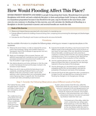 Upper
Bench
Upper
Bench
Middle
Bench
Middle
Bench
Bottom-
land
The Notch
How Would Flooding Affect This Place?
6 1 6 . 1 6 I N V E S T I G AT I O N
RIVERS PRESENT BENEFITS AND RISKS to people living along their banks. Meandering rivers provide
ﬂoodplains with fertile soil and a relatively ﬂat place to farm and perhaps build. Living on a ﬂoodplain
is a hazardous proposition because it has ﬂooded in the past, may be ﬂooded in the near future, and
owes its very existence to ﬂooding. In this exercise, you will calculate the likelihood of ﬂooding on a
ﬂoodplain to decide if potential economic and societal beneﬁts are worth the risk.
Goals of this Exercise
• Observe and interpret features associated with a short stretch of a meandering river.
• Evaluate different locations for building a house and siting a farm, comparing and summarizing the advantages and disadvantages
of each site.
• Calculate the risk of ﬂooding for each location and discuss the risk versus the beneﬁt.
Use the available information to complete the following steps, entering your answers in appropriate places on the
worksheet.
1. Observe the terrain below, in order to interpret the various
parts of the landscape. Assign each landform feature or
topographic level of the landscape its appropriate river term
(for example, channel).
2. Apply your knowledge of the processes, features, and
sediment associated with meandering rivers to predict what
processes and sediment characterize each landform and
how the landform might change over time.
3. Use relative elevations and other attributes to infer the order
in which the features formed and the steps involved in the
formation of each feature.
4. Determine which sites would be the best places to put
croplands, considering all relevant factors, such as the
ﬂatness of the area, proximity to water, nature of the
sediment, what is growing there now, and possible added
costs of growing crops in a speciﬁc site. You should also
consider each site’s vulnerability to bank erosion.
5. Evaluate the beneﬁts of building a new house at each of the
different levels of the landscape and at various locations on
each level, for both sides of the river. Identify ﬁve homesites
that are favorable, considering each site’s proximity to
croplands, to drinking water from the river, and any aesthetic
considerations (e.g., just a nice place to live). Rank the ﬁve
sites on the basis of your evaluation of their suitability.
6. Use the supplied elevation data on the proﬁle on the next
page and stream-ﬂow data to calculate the river discharge
required to ﬂood two levels of the landscape.
7. Use the discharges you calculated and an exceedance
probability plot for this river (provided) to estimate the
probability of ﬂooding for two levels of the landscape.
8 Evaluate the ﬂood-risk data against the other considerations
(in steps 4 and 5), and describe how including the risk of
ﬂooding has changed or not changed your rankings.
Procedures
The middle bench has
some plants and is be-
low the dusty plain.
It has a moderately
good soil that
could grow some
crops if provided
with water.
This highest ﬂat area, called
the upper bench, is fairly dry
and dusty. It does not con-
tain many plants, and the
soil is sandy.
A green, plant-covered, lower ﬂat area, called the
bottomland, ﬂanks the river channel. It commonly has
some soil composed of silt and decayed plants, but
in many areas the soil is overlain by several layers
of loose silt. Close to the channel, many bushes
and trees on the bottomland lean over a little in
a downstream direction but were not uprooted
by whatever made them lean over.
Step 1: Consider the Following Observations about Different Levels of the River
The lowest part of the valley, called the
notch, contains the river, whose water
ﬂows toward you in this view. When ex-
posed during the dry season, sediment
on the river bottom within the notch is
loose and displays no soil development.
 
