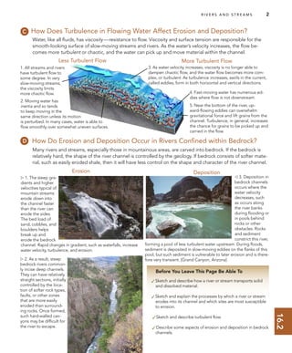 16.2
R I V E R S A N D S T R E A M S 2
Before You Leave This Page Be Able To
✓Sketch and describe how a river or stream transports solid
and dissolved material.
✓Sketch and explain the processes by which a river or stream
erodes into its channel and which sites are most susceptible
to erosion.
✓Sketch and describe turbulent ﬂow.
✓Describe some aspects of erosion and deposition in bedrock
channels.
How Do Erosion and Deposition Occur in Rivers Conﬁned within Bedrock?
Many rivers and streams, especially those in mountainous areas, are carved into bedrock. If the bedrock is
relatively hard, the shape of the river channel is controlled by the geology. If bedrock consists of softer mate-
rial, such as easily eroded shale, then it will have less control on the shape and character of the river channel.
How Does Turbulence in Flowing Water Affect Erosion and Deposition?
Water, like all ﬂuids, has viscosity—resistance to ﬂow. Viscosity and surface tension are responsible for the
smooth-looking surface of slow-moving streams and rivers. As the water’s velocity increases, the ﬂow be-
comes more turbulent or chaotic, and the water can pick up and move material within the channel.
Less Turbulent Flow
 3. Deposition in
bedrock channels
occurs where the
water velocity
decreases, such
as occurs along
the river banks
during ﬂooding or
in pools behind
rocks or other
obstacles. Rocks
and sediment
constrict this river,
forming a pool of less turbulent water upstream. During ﬂoods,
sediment is deposited in slow-moving eddies on the ﬂanks of this
pool, but such sediment is vulnerable to later erosion and is there-
fore very transient. [Grand Canyon, Arizona]
Erosion Deposition
 2. As a result, steep
bedrock rivers common-
ly incise deep channels.
They can have relatively
straight sections, initially
controlled by the loca-
tion of softer rock types,
faults, or other zones
that are more easily
eroded than surround-
ing rocks. Once formed,
such hard-walled can-
yons may be difﬁcult for
the river to escape.
 1. The steep gra-
dients and higher
velocities typical of
mountain streams
erode down into
the channel faster
than the river can
erode the sides.
The bed load of
sand, cobbles, and
boulders helps
break up and
erode the bedrock
channel. Rapid changes in gradient, such as waterfalls, increase
water velocity, turbulence, and erosion.
More Turbulent Flow
1. All streams and rivers
have turbulent ﬂow to
some degree. In very
slow-moving streams,
the viscosity limits
more chaotic ﬂow.
3. As water velocity increases, viscosity is no longer able to
dampen chaotic ﬂow, and the water ﬂow becomes more com-
plex, or turbulent. As turbulence increases, swirls in the current,
called eddies, form in both horizontal and vertical directions.
4. Fast-moving water has numerous ed-
dies where ﬂow is not downstream.
2. Moving water has
inertia and so tends
to keep moving in the
same direction unless its motion
is perturbed. In many cases, water is able to
ﬂow smoothly over somewhat uneven surfaces.
5. Near the bottom of the river, up-
ward-ﬂowing eddies can overwhelm
gravitational force and lift grains from the
channel. Turbulence, in general, increases
the chance for grains to be picked up and
carried in the ﬂow.
 