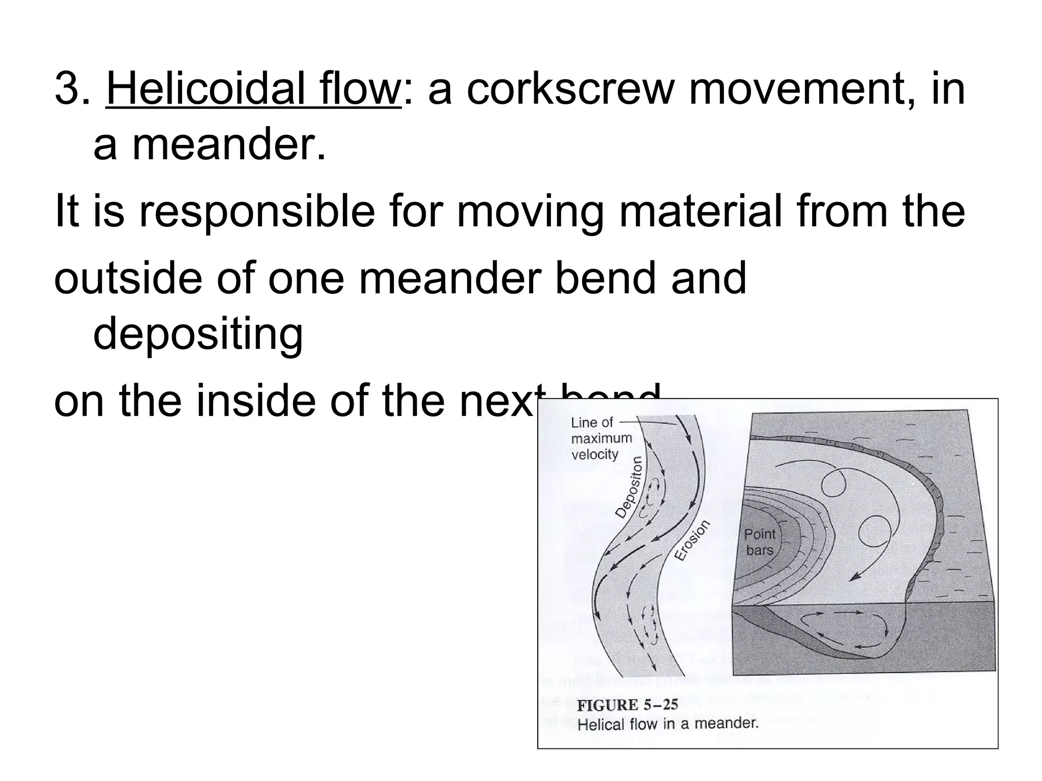 3.  Helicoidal flow : a corkscrew movement, in a meander.  It is responsible for moving material from the  outside of one meander bend and depositing  on the inside of the next bend. 