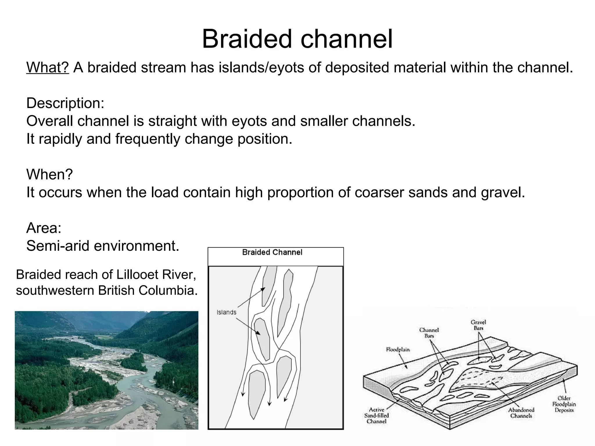 Braided channel Braided reach of Lillooet River,  southwestern British Columbia.  What?  A braided stream has islands/eyots of deposited material within the channel. Description: Overall channel is straight with eyots and smaller channels. It rapidly and frequently change position. When? It occurs when the load contain high proportion of coarser sands and gravel. Area: Semi-arid environment.  