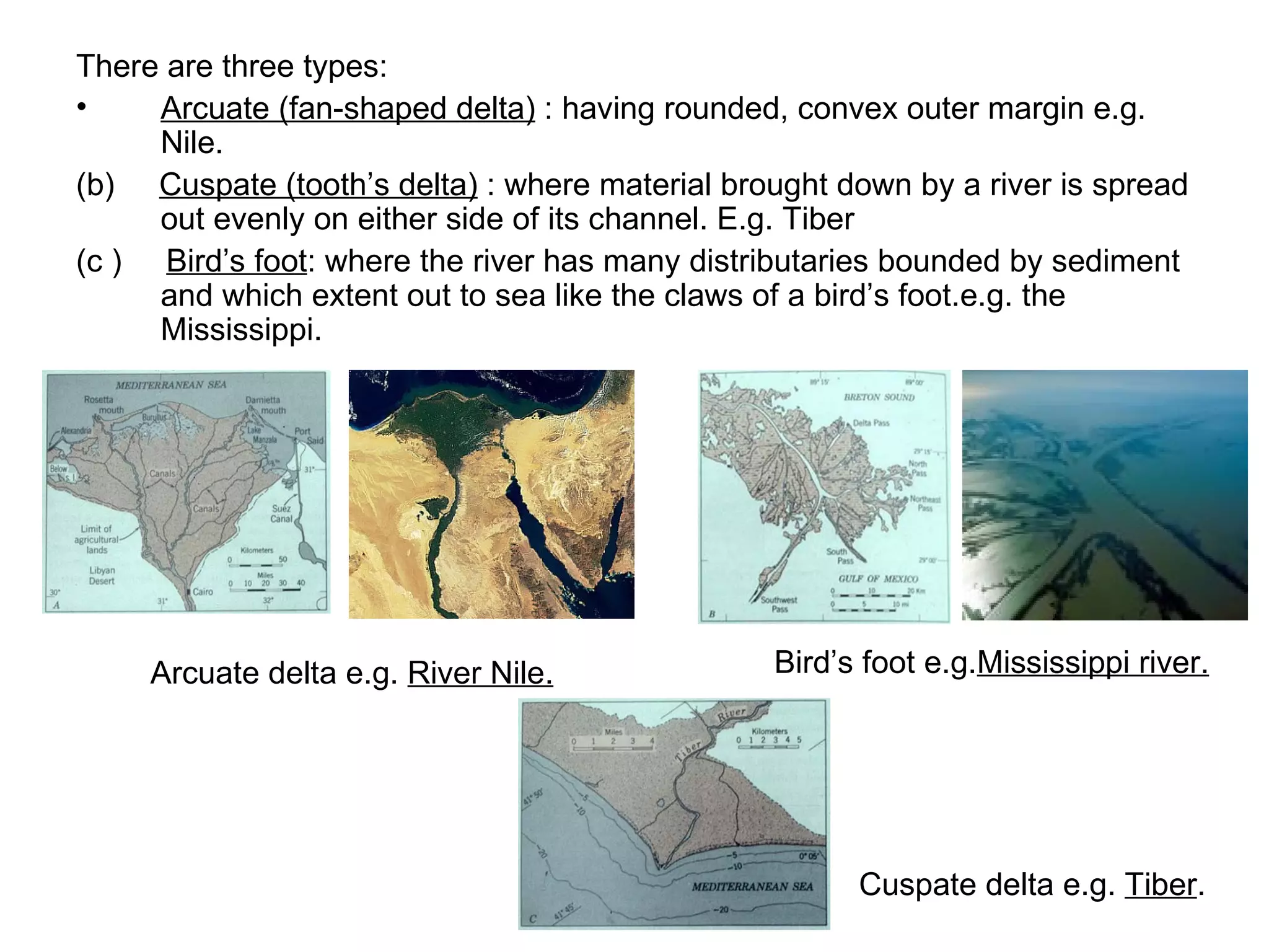 There are three types: Arcuate (fan-shaped delta)  : having rounded, convex outer margin e.g. Nile. (b)  Cuspate (tooth’s delta)  : where material brought down by a river is spread out evenly on either side of its channel. E.g. Tiber (c )  Bird’s foot : where the river has many distributaries bounded by sediment and which extent out to sea like the claws of a bird’s foot.e.g. the Mississippi. Arcuate delta e.g.  River Nile. Bird’s foot e.g. Mississippi river. Cuspate delta e.g.  Tiber . 