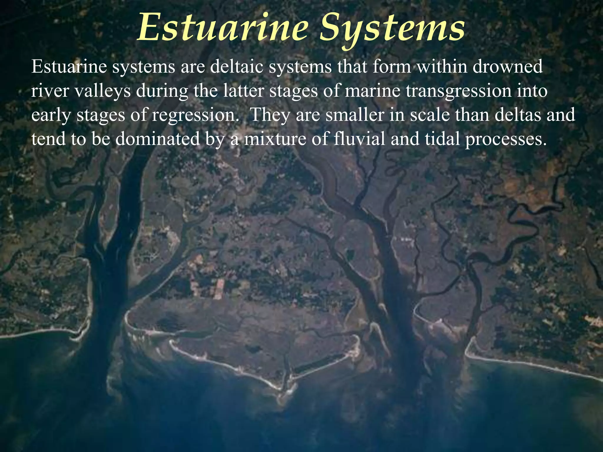 Estuarine Systems
Estuarine systems are deltaic systems that form within drowned
river valleys during the latter stages of marine transgression into
early stages of regression. They are smaller in scale than deltas and
tend to be dominated by a mixture of fluvial and tidal processes.
 