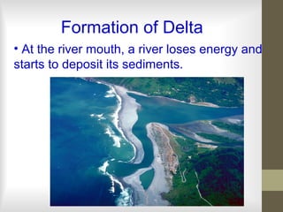 Formation of Delta
• At the river mouth, a river loses energy and
starts to deposit its sediments.
 