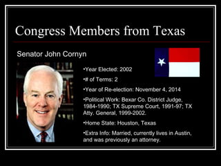 Congress Members from Texas Senator John Cornyn Year Elected: 2002 # of Terms: 2 Year of Re-election: November 4, 2014  Political Work: Bexar Co. District Judge, 1984-1990; TX Supreme Court, 1991-97; TX Atty. General, 1999-2002.  Home State: Houston, Texas Extra Info: Married, currently lives in Austin, and was previously an attorney.  