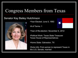 Congress Members from Texas Senator Kay Bailey Hutchinson Year Elected: June 5, 1993  # of Terms: 1 Year of Re-election: November 6, 2012  Political Work: Texas State Treasurer Texas House of Representatives  Home State: Galveston, TX Extra Info: First woman to represent Texas in the U.S. Senate. married 