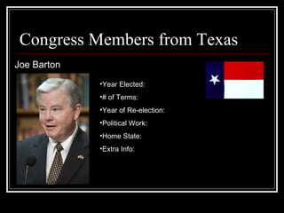 Congress Members from Texas Joe Barton Year Elected:  # of Terms: Year of Re-election:  Political Work: Home State: Extra Info: 