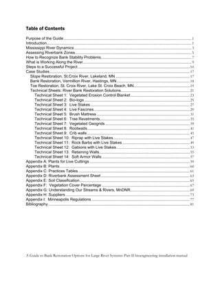 Table of Contents
Purpose of the Guide .................................................................................................................................................... 1
Introduction........................................................................................................................................................................ 1
Mississippi River Dynamics ........................................................................................................................................ 3
Assessing Riverbank Zones....................................................................................................................................... 5
How to Recognize Bank Stability Problems......................................................................................................... 7
What is Working Along the River.............................................................................................................................. 9
Steps to a Successful Project.................................................................................................................................. 10
Case Studies .................................................................................................................................................................. 17
   Slope Restoration, St.Croix River, Lakeland, MN ...................................................................................... 17
   Bank Restoration, Vermillion River, Hastings, MN..................................................................................... 18
   Toe Restoration, St. Croix River, Lake St. Croix Beach, MN................................................................. 19
   Technical Sheets: River Bank Restoration Solutions................................................................................ 21
      Technical Sheet 1: Vegetated Erosion Control Blanket..................................................................... 23
      Technical Sheet 2: Bio-logs .......................................................................................................................... 25
      Technical Sheet 3: Live Stakes ................................................................................................................... 27
      Technical Sheet 4: Live Fascines............................................................................................................... 29
      Technical Sheet 5: Brush Mattress ............................................................................................................ 31
      Technical Sheet 6: Tree Revetments........................................................................................................ 35
      Technical Sheet 7: Vegetated Geogrids .................................................................................................. 39
      Technical Sheet 8: Rootwads....................................................................................................................... 41
      Technical Sheet 9: Crib walls ....................................................................................................................... 45
      Technical Sheet 10: Riprap with Live Stakes......................................................................................... 47
      Technical Sheet 11: Rock Barbs with Live Stakes .............................................................................. 49
      Technical Sheet 12: Gabions with Live Stakes ..................................................................................... 53
      Technical Sheet 13: Retaining Walls......................................................................................................... 55
      Technical Sheet 14: Soft Armor Walls ...................................................................................................... 57
Appendix A: Plants for Live Cuttings .................................................................................................................... 59
Appendix B: Plants....................................................................................................................................................... 60
Appendix C: Practices Tables ................................................................................................................................. 61
Appendix D: Riverbank Assessment Sheet ....................................................................................................... 63
Appendix E: Soil Classification................................................................................................................................ 65
Appendix F: Vegetation Cover Percentage ...................................................................................................... 67
Appendix G: Understanding Our Streams & Rivers, MnDNR..................................................................... 69
Appendix H: Suppliers ................................................................................................................................................ 73
Appendix I: Minneapolis Regulations .................................................................................................................. 77
Bibliography .................................................................................................................................................................... 81




A Guide to Bank Restoration Options for Large River Systems: Part II bioengineering installation manual
 