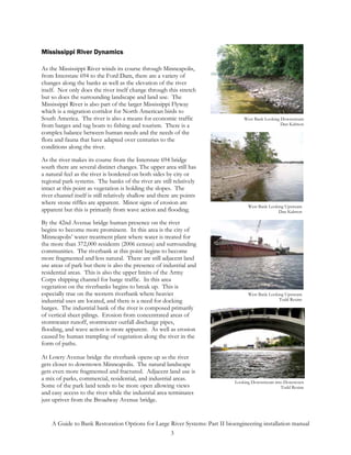 Mississippi River Dynamics

As the Mississippi River winds its course through Minneapolis,
from Interstate 694 to the Ford Dam, there are a variety of
changes along the banks as well as the elevation of the river
itself. Not only does the river itself change through this stretch
but so does the surrounding landscape and land use. The
Mississippi River is also part of the larger Mississippi Flyway
which is a migration corridor for North American birds to
South America. The river is also a means for economic traffic                    West Bank Looking Downstream
from barges and tug boats to fishing and tourism. There is a                                       Dan Kalmon
complex balance between human needs and the needs of the
flora and fauna that have adapted over centuries to the
conditions along the river.

As the river makes its course from the Interstate 694 bridge
south there are several distinct changes. The upper area still has
a natural feel as the river is bordered on both sides by city or
regional park systems. The banks of the river are still relatively
intact at this point as vegetation is holding the slopes. The
river channel itself is still relatively shallow and there are points
where stone riffles are apparent. Minor signs of erosion are
                                                                                   West Bank Looking Upstream
apparent but this is primarily from wave action and flooding.                                     Dan Kalmon

By the 42nd Avenue bridge human presence on the river
begins to become more prominent. In this area is the city of
Minneapolis’ water treatment plant where water is treated for
the more than 372,000 residents (2006 census) and surrounding
communities. The riverbank at this point begins to become
more fragmented and less natural. There are still adjacent land
use areas of park but there is also the presence of industrial and
residential areas. This is also the upper limits of the Army
Corps shipping channel for barge traffic. In this area
vegetation on the riverbanks begins to break up. This is
especially true on the western riverbank where heavier                             West Bank Looking Upstream
industrial uses are located, and there is a need for docking                                      Todd Rexine
barges. The industrial bank of the river is composed primarily
of vertical sheet pilings. Erosion from concentrated areas of
stormwater runoff, stormwater outfall discharge pipes,
flooding, and wave action is more apparent. As well as erosion
caused by human trampling of vegetation along the river in the
form of paths.

At Lowry Avenue bridge the riverbank opens up as the river
gets closer to downtown Minneapolis. The natural landscape
gets even more fragmented and fractured. Adjacent land use is
a mix of parks, commercial, residential, and industrial areas.
                                                                             Looking Downstream into Downtown
Some of the park land tends to be more open allowing views                                         Todd Rexine
and easy access to the river while the industrial area terminates
just upriver from the Broadway Avenue bridge.


    A Guide to Bank Restoration Options for Large River Systems: Part II bioengineering installation manual
                                                  3
 
