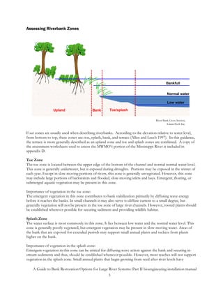 Assessing Riverbank Zones




                                                                                            Bankfull


                                                                                             Normal water

                                                                                             Low water

                 Upland                    Bank       Toe/splash

                                                                                    River Bank Cross Section,
                                                                                             LimnoTech Inc.


Four zones are usually used when describing riverbanks. According to the elevation relative to water level,
from bottom to top, these zones are: toe, splash, bank, and terrace (Allen and Leech 1997). In this guidance,
the terrace is more generally described as an upland zone and toe and splash zones are combined. A copy of
the assessment worksheets used to assess the MWMO’s portion of the Mississippi River is included in
appendix D.

Toe Zone
The toe zone is located between the upper edge of the bottom of the channel and normal normal water level.
This zone is generally underwater, but is exposed during droughts. Portions may be exposed in the winter of
each year. Except in slow moving portions of rivers, this zone is generally unvegetated. However, this zone
may include large portions of backwaters and flooded, slow-moving inlets and bays. Emergent, floating, or
submerged aquatic vegetation may be present in this zone.

Importance of vegetation in the toe zone:
The emergent vegetation in this zone contributes to bank stabilization primarily by diffusing wave energy
before it reaches the banks. In small channels it may also serve to diffuse current to a small degree, but
generally vegetation will not be present in the toe zone of large river channels. However, rooted plants should
be established wherever possible for securing sediment and providing wildlife habitat.

Splash Zone
The water surface is most commonly in this zone. It lies between low water and the normal water level. This
zone is generally poorly vegetated, but emergent vegetation may be present in slow-moving water. Areas of
the bank that are exposed for extended periods may support small annual plants and suckers from plants
higher on the bank.

Importance of vegetation in the splash zone:
Emergent vegetation in this zone can be critical for diffusing wave action against the bank and securing in-
stream sediments and thus, should be established whenever possible. However, most reaches will not support
vegetation in the splash zone. Small annual plants that begin growing from seed after river levels have

    A Guide to Bank Restoration Options for Large River Systems: Part II bioengineering installation manual
                                                  5
 
