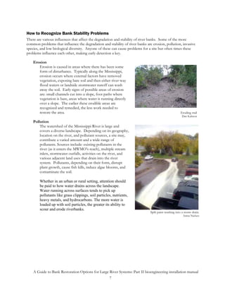 How to Recognize Bank Stability Problems
There are various influences that affect the degradation and stability of river banks. Some of the more
common problems that influence the degradation and stability of river banks are erosion, pollution, invasive
species, and low biological diversity. Anyone of these can cause problems for a site but often times these
problems influence each other, making early detection a key.

    Erosion
       Erosion is caused in areas where there has been some
       form of disturbance. Typically along the Mississippi,
       erosion occurs where external factors have removed
       vegetation, exposing bare soil and then either river-way
       flood waters or landside stormwater runoff can wash
       away the soil. Early signs of possible areas of erosion
       are: small channels cut into a slope, foot paths where
       vegetation is bare, areas where water is running directly
       over a slope. The earlier these erodible areas are
       recognized and remedied, the less work needed to
       restore the area.                                                                               Eroding trail
                                                                                                        Dan Kalmon
    Pollution
        The watershed of the Mississippi River is large and
        covers a diverse landscape. Depending on its geography,
        location on the river, and pollutant sources, a site may,
        contribute a varied amount and a wide-range of
        pollutants. Sources include: existing pollutants in the
        river (as it enters the MWMO’s reach), multiple stream
        inlets, stormwater outfalls, activities on the river, and
        various adjacent land uses that drain into the river
        system. Pollutants, depending on their form, disrupt
        plant growth, cause fish kills, induce algae blooms, and
        contaminate the soil.

        Whether in an urban or rural setting, attention should
        be paid to how water drains across the landscape.
        Water running across surfaces tends to pick up
        pollutants like grass clippings, soil particles, nutrients,
        heavy metals, and hydrocarbons. The more water is
        loaded up with soil particles, the greater its ability to
        scour and erode riverbanks.
                                                                               Spilt paint washing into a storm drain.
                                                                                                         Anina Nielsen




    A Guide to Bank Restoration Options for Large River Systems: Part II bioengineering installation manual
                                                  7
 