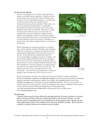 Invasive Exotic Species
   Invasive exotic species are a concern on any site when
   trying to reestablish native vegetation. Typically invasive
   exotic species were introduced to North America from
   Europe or Asia for agricultural purposes, as ornamentals;
   in essence, because they had a specific growth
   characteristic that was found desirable. Often times, too,
   they were introduced inadvertently or accidentally.
   Eventually these plants found their way into the native
   landscape where they have thrived. Many times a single
   invasive species will move into a site and choke out
   multiple native species resulting in a singular invasive
   species stand. Typically, invasive tree and shrub species                                    Buckthorn
                                                                                        Great River Greening
   such as buckthorn block out the sun leaving bare earth that
   is easily eroded by runoff, wave action, or flooding. As a
   result, where native flora is displaced there is an increase in
   soil erosion.

    Before beginning any restoration practices in a specific
    area, invasive species should be identified, and controlled.
    There are several ways of treating a site that has invasive
    species present depending on how prevalent they are on
    the site. If the infestation is minimal (less than 15%
    cover), hand pulling or digging out may be an option. For
    areas that have large infestations (50% cover or greater),
    the site may need to be treated with an herbicide. Due to
    the proximity to water an aquatic herbicide should be used.
    The management of invasive species is an ongoing task as
    the seeds can stay viable in the soil for several years. The
    initial treatment of a site is the largest and most time                                 Amur Maple
    consuming. After the first year, maintenance is reduced to                                Todd Rexine
    pulling or spot treating areas before they go to seed.

    Some invasive species that have been observed on the river include: Common and Glossy
    Buckthorn (Rhamnus cathartica and Rhamnus frangula), Exotic Honeysuckle (Lonicera tartarica,
    Lonicera morrowii, and Lonicera x bella), Amur Maple (Acer ginnala), Reed Canary Grass
    (Phalaris arundinacea), and Purple Loosestrife (Lythrum salicaria). This is just a partial list of
    invasive species that were observed. For more information and sources to identify invasive species
    contact a professional, the Minnesota Department of Natural Resource,
    www.dnr.state.mn.us/invasives/index.html or Minneapolis Parks and Recreation,
    www.minneapolisparks.org.

Low Diversity
   Typically when areas have been affected by prolonged periods of erosion, pollution, or invasive
   species, diversity of flora will be low, which often leads to low diversity of fauna. As with
   invasive species, depending on the level of pollution or erosion present, native species can also
   form single species stands. This condition of low diversity should be avoided. By the time this
   condition is usually noticed a site restoration may be needed.




A Guide to Bank Restoration Options for Large River Systems: Part II bioengineering installation manual
                                              8
 