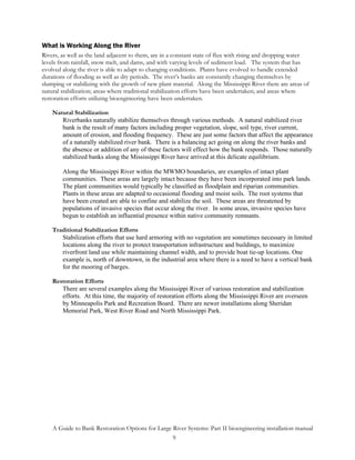 What is Working Along the River
Rivers, as well as the land adjacent to them, are in a constant state of flux with rising and dropping water
levels from rainfall, snow melt, and dams, and with varying levels of sediment load. The system that has
evolved along the river is able to adapt to changing conditions. Plants have evolved to handle extended
durations of flooding as well as dry periods. The river’s banks are constantly changing themselves by
slumping or stabilizing with the growth of new plant material. Along the Mississippi River there are areas of
natural stabilization; areas where traditional stabilization efforts have been undertaken; and areas where
restoration efforts utilizing bioengineering have been undertaken.

    Natural Stabilization
       Riverbanks naturally stabilize themselves through various methods. A natural stabilized river
       bank is the result of many factors including proper vegetation, slope, soil type, river current,
       amount of erosion, and flooding frequency. These are just some factors that affect the appearance
       of a naturally stabilized river bank. There is a balancing act going on along the river banks and
       the absence or addition of any of these factors will effect how the bank responds. Those naturally
       stabilized banks along the Mississippi River have arrived at this delicate equilibrium.

        Along the Mississippi River within the MWMO boundaries, are examples of intact plant
        communities. These areas are largely intact because they have been incorporated into park lands.
        The plant communities would typically be classified as floodplain and riparian communities.
        Plants in these areas are adapted to occasional flooding and moist soils. The root systems that
        have been created are able to confine and stabilize the soil. These areas are threatened by
        populations of invasive species that occur along the river. In some areas, invasive species have
        begun to establish an influential presence within native community remnants.

    Traditional Stabilization Efforts
       Stabilization efforts that use hard armoring with no vegetation are sometimes necessary in limited
       locations along the river to protect transportation infrastructure and buildings, to maximize
       riverfront land use while maintaining channel width, and to provide boat tie-up locations. One
       example is, north of downtown, in the industrial area where there is a need to have a vertical bank
       for the mooring of barges.

    Restoration Efforts
       There are several examples along the Mississippi River of various restoration and stabilization
       efforts. At this time, the majority of restoration efforts along the Mississippi River are overseen
       by Minneapolis Park and Recreation Board. There are newer installations along Sheridan
       Memorial Park, West River Road and North Mississippi Park.




    A Guide to Bank Restoration Options for Large River Systems: Part II bioengineering installation manual
                                                  9
 