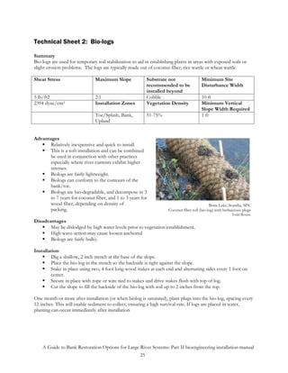 Technical Sheet 2: Bio-logs

Summary
Bio-logs are used for temporary soil stabilization to aid in establishing plants in areas with exposed soils or
slight erosion problems. The logs are typically made out of coconut fiber, rice wattle or wheat wattle.

Shear Stress                    Maximum Slope             Substrate not                   Minimum Site
                                                          recommended to be               Disturbance Width
                                                          installed beyond
5 lb/ft2                        2:1                       Cobble                          10 ft
2394 dyne/cm2                   Installation Zones        Vegetation Density              Minimum Vertical
                                                                                          Slope Width Required
                                Toe/Splash, Bank,         51-75%                          1 ft
                                Upland


Advantages
       Relatively inexpensive and quick to install.
       This is a soft installation and can be combined
       be used in conjunction with other practices
       especially where river currents exhibit higher
       stresses.
       Biologs are fairly lightweight.
       Biologs can conform to the contours of the
       bank/toe.
       Biologs are bio-degradable, and decompose in 3
       to 7 years for coconut fiber, and 1 to 3 years for
       wood fiber, depending on density of                                                     Bone Lake, Scandia, MN.
       packing.                                                       Coconut fiber roll (bio-log) with herbaceous plugs
                                                                                                            Todd Rexine
Disadvantages
       May be dislodged by high water levels prior to vegetation establishment.
       High wave-action may cause loosen anchored
       Biologs are fairly bulky.

Installation
        Dig a shallow, 2 inch trench at the base of the slope.
        Place the bio-log in the trench so the backside is tight against the slope.
        Stake in place using two, 4 foot long wood stakes at each end and alternating sides every 1 foot on
        center.
        Secure in place with rope or wire tied to stakes and drive stakes flush with top of log.
        Cut the slope to fill the backside of the bio-log with soil up to 2 inches from the top.

One month or more after installation (or when biolog is saturated), plant plugs into the bio-log, spacing every
12 inches. This will enable sediment to collect, ensuring a high survival rate. If logs are placed in water,
planting can occur immediately after installation




    A Guide to Bank Restoration Options for Large River Systems: Part II bioengineering installation manual
                                                  25
 