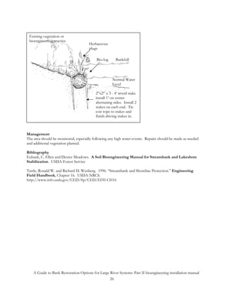 Existing vegetation or
 bioengineering practice
                                      Herbaceous
                                      plugs

                                           Bio-log     Bankfull



                                                     Normal Water
                                                     Level

                                          2”x2” x 3 - 4’ wood stake
                                          install 1’ on center
                                          alternating sides. Install 2
                                          stakes on each end. Tie
                                          coir rope to stakes and
                                          finish driving stakes in.



Management
The area should be monitored, especially following any high water events. Repairs should be made as needed
and additional vegetation planted.

Bibliography
Eubank, C. Ellen and Dexter Meadows. A Soil Bioengineering Manual for Streambank and Lakeshore
Stabilization. USDA-Forest Service

Tuttle, Ronald W. and Richard D. Wenberg. 1996. “Streambank and Shoreline Protection.” Engineering
Field Handbook, Chapter 16. USDA-NRCS.
http://www.info.usda.gov/CED/ftp/CED/EFH-CH16




    A Guide to Bank Restoration Options for Large River Systems: Part II bioengineering installation manual
                                                  26
 