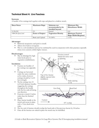 Technical Sheet 4: Live Fascines

Summary
A bundle of live cuttings tied together with rope and placed in a shallow trench.

Shear Stress                   Maximum Slope          Substrate not                 Minimum Site
                                                      recommended to be             Disturbance Width
                                                      installed beyond
3.1 lb/ft2                     2:1                    Gravel                        8 ft
1484.28 dyne/cm2               Zones of Impact        Vegetation Density            Minimum Vertical
                                                                                    Slope Width Required
                               Bank and Upland        76-100%                       1.5 ft

Advantages
       Relatively inexpensive and quick to install.
       Allows river bank to revegetate.
       This is a soft installation and can be combined be used in conjunction with other practices especially
       where river currents exhibit higher stresses.

Disadvantages                                                       Erosion control
       May be dislodged by high                                     blanket & native seed
       water levels prior to                                        or planting
       vegetation establishment.                                                                 Bankfull
Installation
        Fascines are bundles of
        live cuttings (see appendix
        B).                                                                                Normal Water
        Cuttings are harvested
        under the same conditions
                                           Top of live fascine
        as live stakes, however
                                           slightly exposed after
        cuttings should be 5 to10
                                           installation
        feet in length.                                                            Stake spacing
        Tie the cuttings into 10                                                   2-3 ft
        to12 inch diameter bundles
        staggering the cuttings
        throughout the bundle                                  Live End              Basal End
        with the live ends all facing
        one direction.
        Excavate a trench 2 inches
        wider than the finished
        bundle.
        Place fascine bundle in the           Current
        trench and secure in place                                           18” overlap
        with a 3 foot dead stout
        stake.
        The live end of fascines should overlap the basal ends of the previous fascine by 18 inches.
        Once all the fascines are staked in place the trench may be backfilled.




    A Guide to Bank Restoration Options for Large River Systems: Part II bioengineering installation manual
                                                  29
 